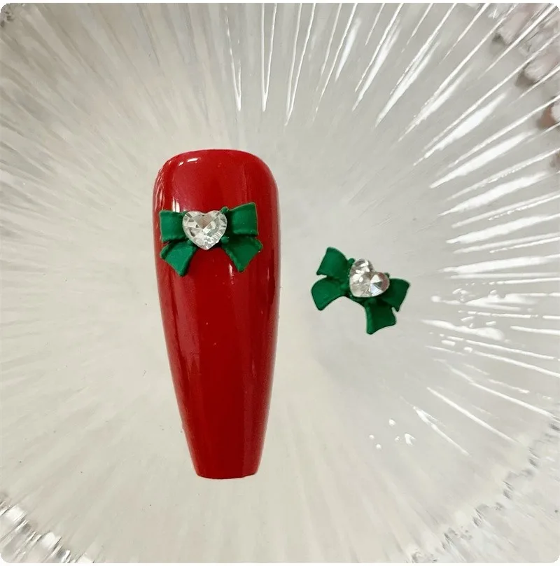10 stücke Weihnachten Grün Kawaii Bogen Nail art Charms 3D Japanische Legierung Fliege Schmuck Nagel Strass Dekoration DIY Zubehör