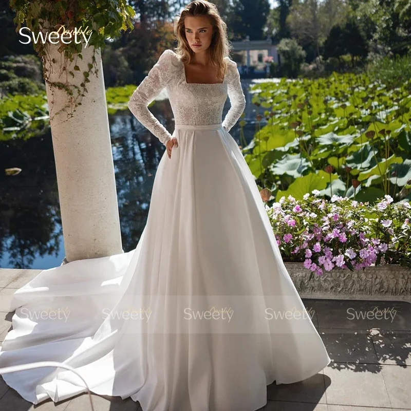 Vestido De novia Vintage De satén suave con encaje bordado, vestido De baile De línea a, manga completa, cuello cuadrado, vestido De novia con botones