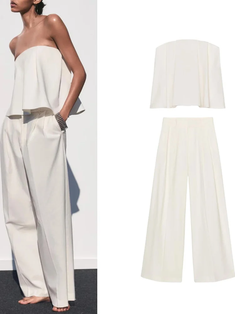 

Spring Summer New Fashionable Women's Set Pleated Bustier Top High Waist Wide Leg Pants Long Pants Stylish Ensemble