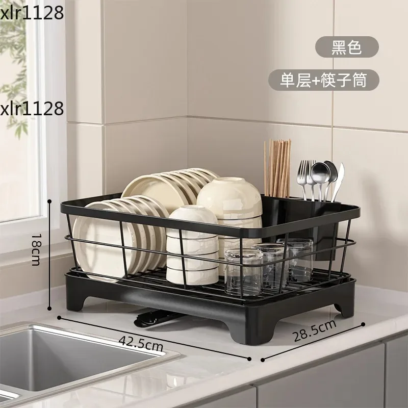 Double Layer Kitchen Dish Drying Rack Carbon Steel Bowl Plate Drainer with Utensil Holder