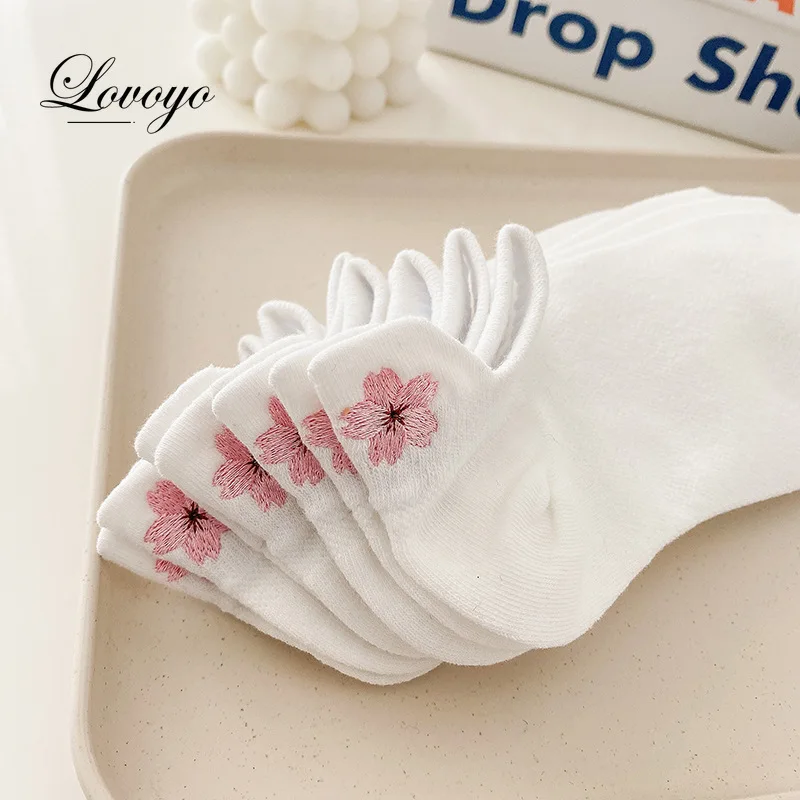 New Spring CottonEmbroidered Breathable Mesh White Socks Female Cute  Sakura Bowknot Short SocksCasual Funny Ankle Socks