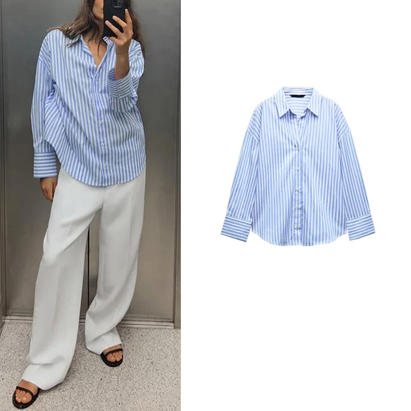 

Faionable V-Ne Long Sve Striped Silk irt Basic Versatile Commute Sle Women's New Arrival Summer irt Polyester Fiber