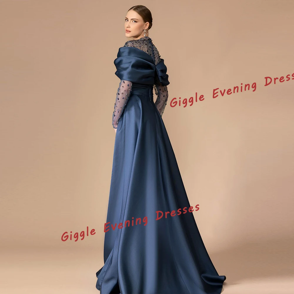 Giggle Satin Beading O-Neck Pretty Prom Gown Saudi Arab Elegance Slit Pleating Floor-Length Evening Party Dresses for Women 2024