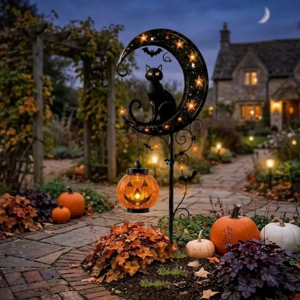 Waterproof Solar Lamp Iron Cat Moon Design Jack-o-lantern Design Solar Garden Lights Auto On/Off Landscape Lighting