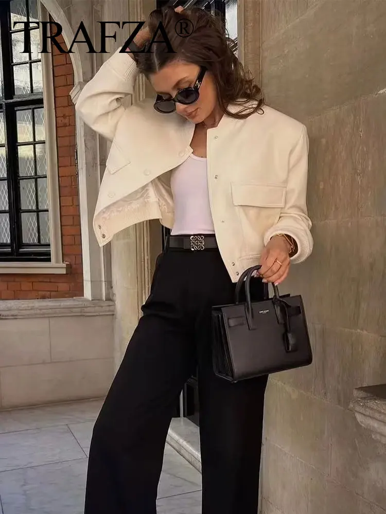 TRAFZA Women Elegant Solid Jacket Long Sleeve Button Slim Cropped Coat 2023 Female Fashion Streetwear Casual Chic Tops Woman