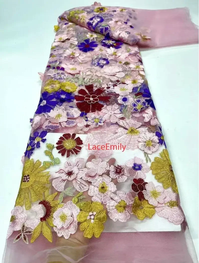 High quality 9 Colors 3d pink flower embroidery Lace Fabric colorful floral Tulle For Girl Dress Tutu Dress Wedding Dress
