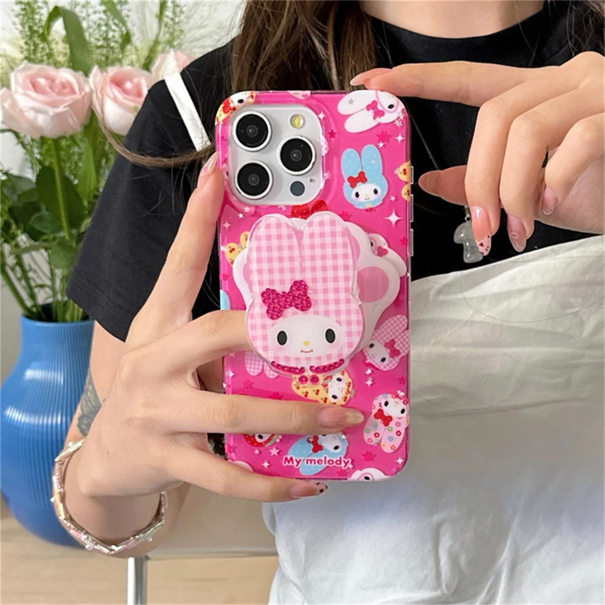 Funda de teléfono magnética con purpurina Sanrio Melody, color rosa, a la moda, para iPhone 16 Pro 15 14 13, con soporte para fundas Magsafe