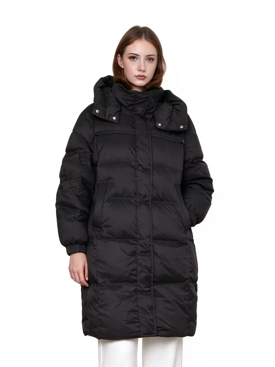 Women's Long down Coat 90% Duck down Jacket Removable Hooded Warm Winter Jacket Black and White Colors