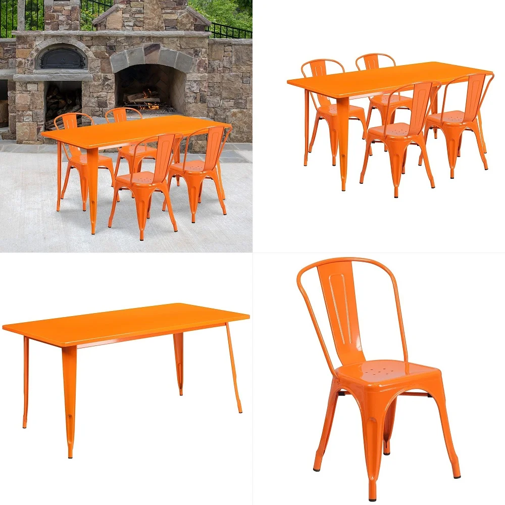 

Commercial Rectangular Orange Metal IndoorOutdoor Table Set4 Stack Chairs