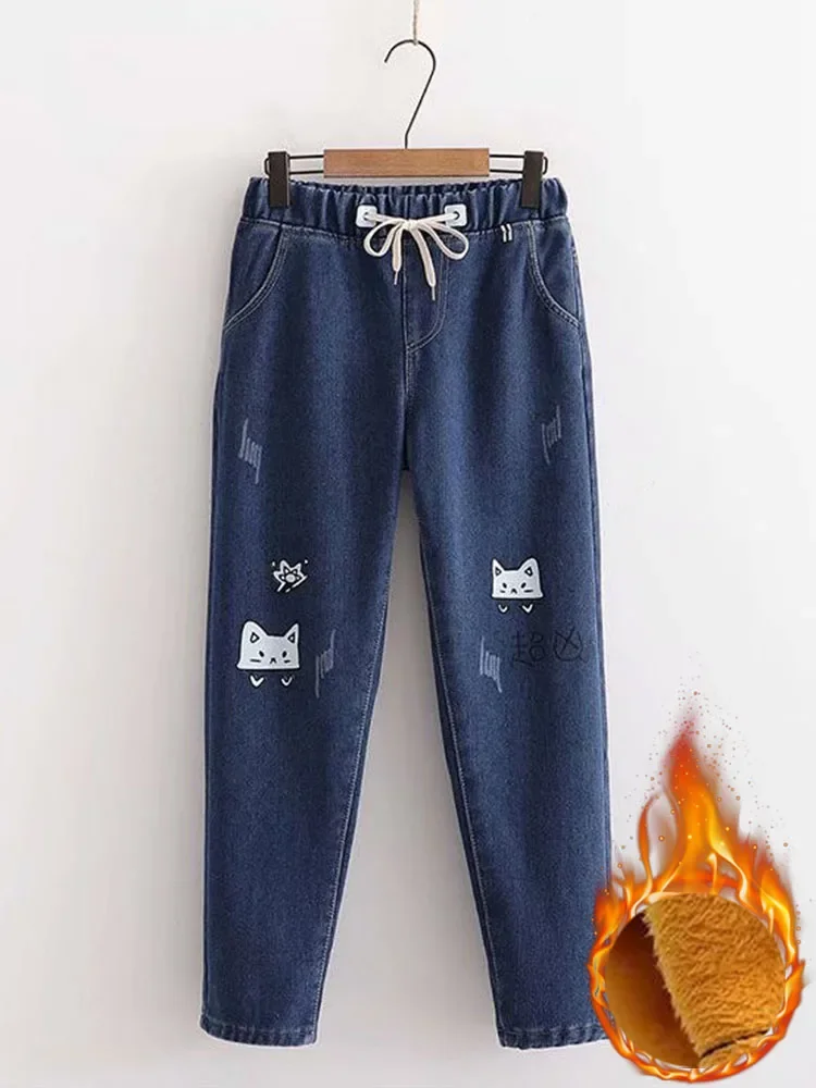 Pantalones Vaqueros con estampado de dibujos animados para mujer, Jeans gruesos y cálidos de terciopelo de felpa, forrados pantalones bombachos, pantalones Vaqueros holgados con cordones hasta el tobillo, Invierno