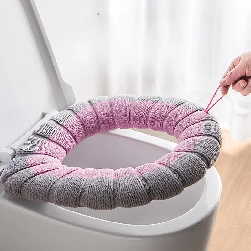 

1 Pack Stitched Color Portable Knitted Toilet Mat Thickened Washable Antifreeze Toilet Cover Thickened Knitted O Type Universal