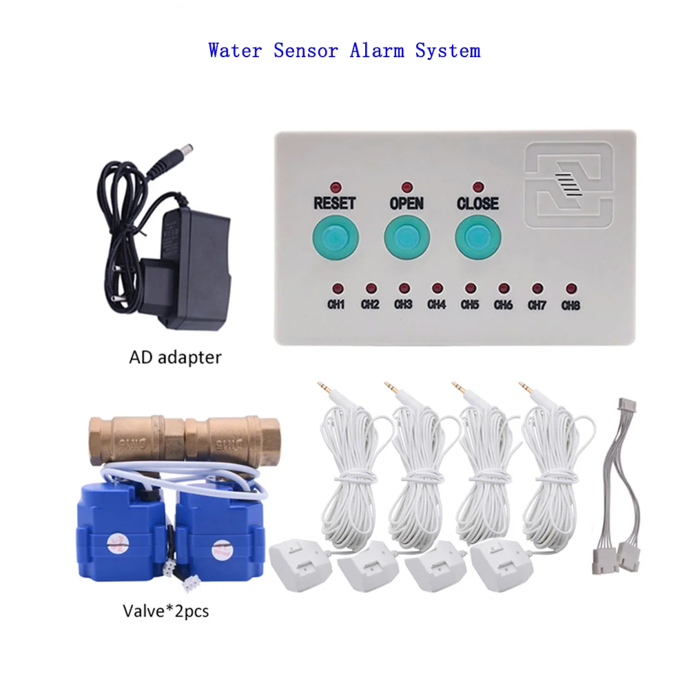 

4pcs Cables Water Sensor Alarm System Flood Pipe Leakage Monitor with 2pcs DN25 Valves Against Leaking for Overflow Detect