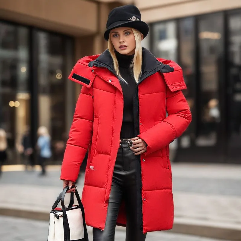 Hooded Women Solid Long Parkas Casual Splice Straight Coats Pocket Full Sleeve Thick Mid Length Coat Elegant Lady Winter