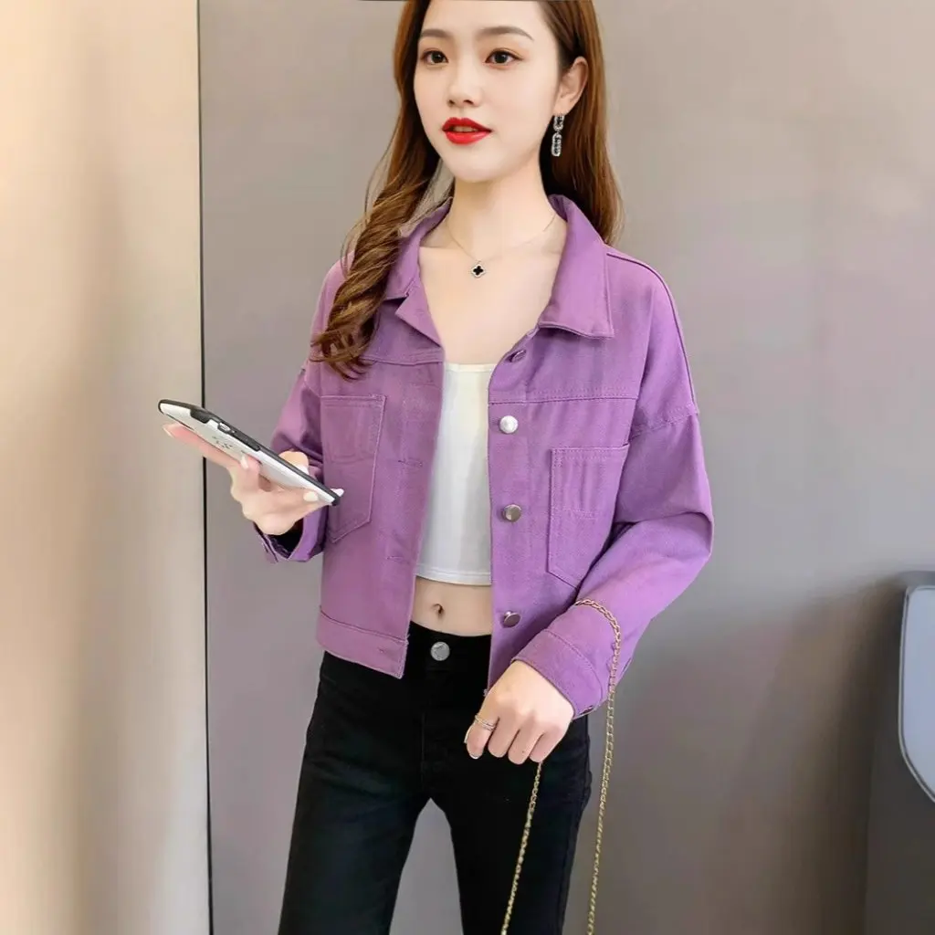 

Spring New Style Women's Purple Denim Coat Short Loose Hong Kong Retro Casual Jacket Top Trendy Ins Fashion Outerwear