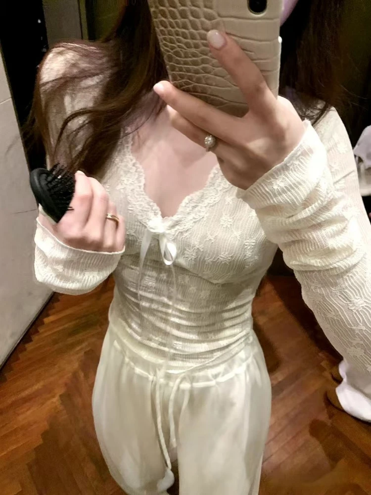 

Y2k Aesthetic Lace Embroidery Flower Fairy Tshirts 2025 Autumn Sexy Grunge Bow T-shirt Harajuku Bodycon Cropped Vintage Tops