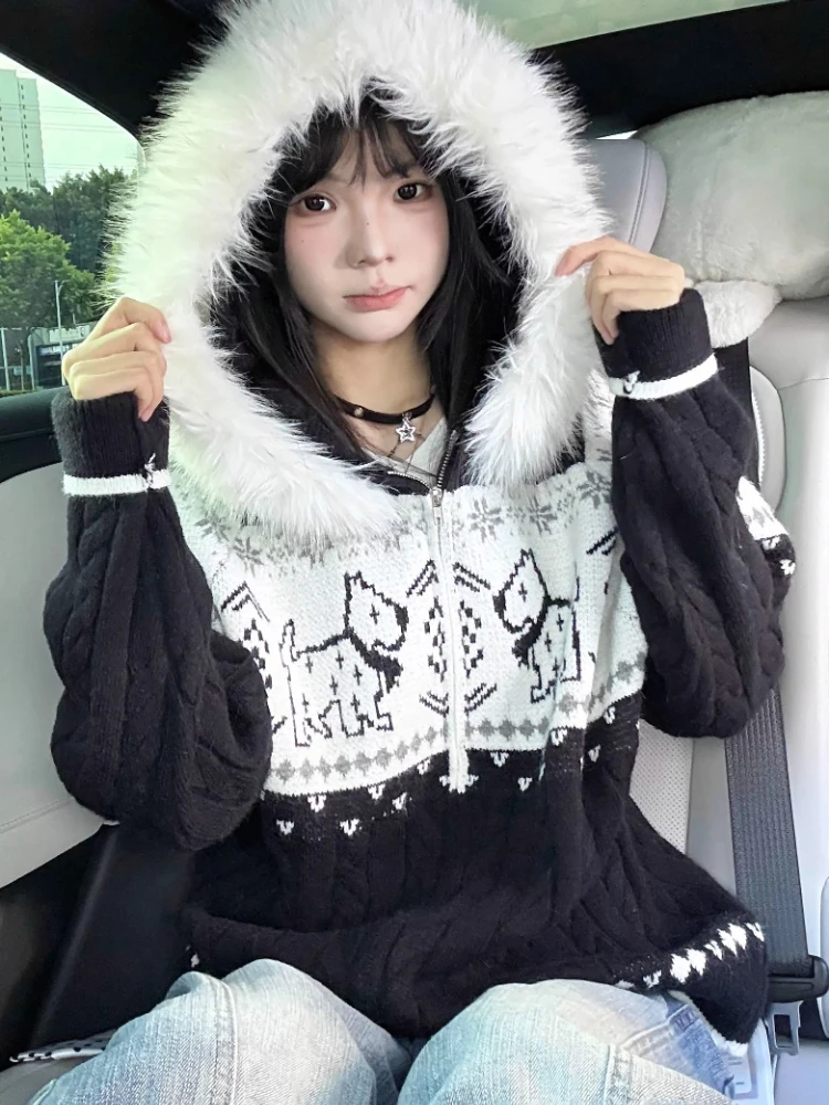 سترة نسائية كلاسيكية بقلنسوة من الفرو الصناعي الأمريكي سترة نسائية كبيرة الحجم مطبوعة برسومات كلاب لطيفة سترة متماسكة ملابس خارجية شتوية مريحة #4