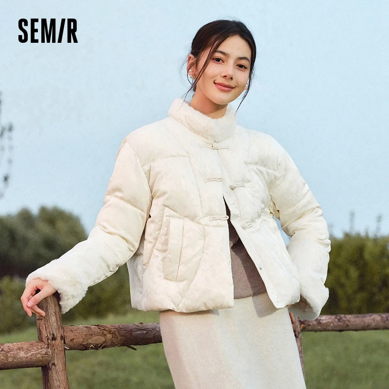 Semir Cotton-Padded Jacket Women Jacquard Satin Chinese Style 2024 New Winter Fur Collar Plate Buckle Loose Outerwear