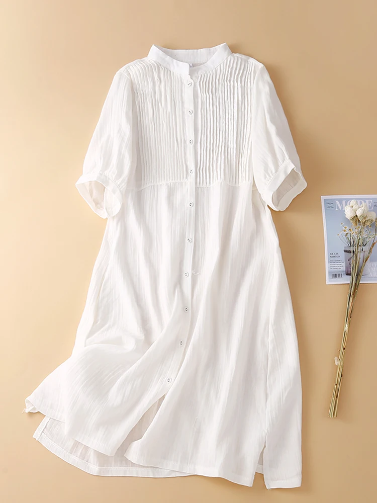 Women Cotton Dress 2024 New Summer Organ Pleats Short Sleeve Mini Dresses Patchwork Pleated Shirt Dress Vestido De Festa