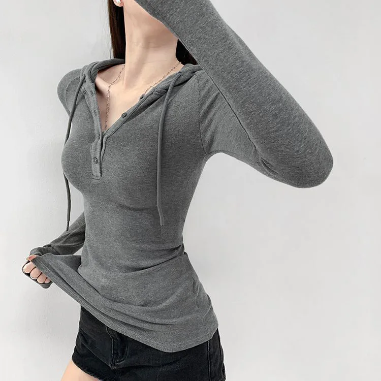 

American Hot Girl Slim Fit Half-Buttoned Hooded Sweatshirt Spring and Autumn New Style Waist-Inner Long-Sleeved Top for Women
