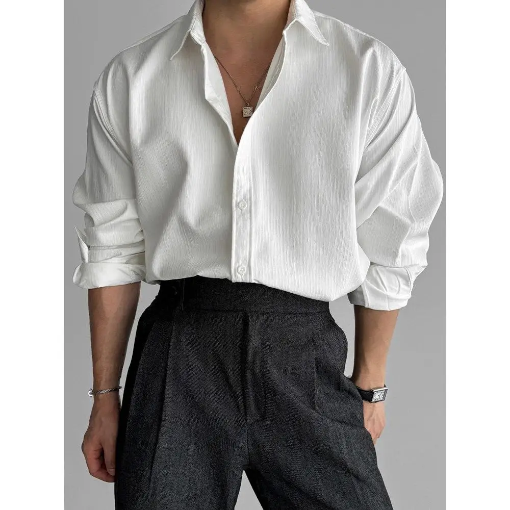

Loose Fit Korean Style Men's Long Sleeve White Shirt Textured Casual Design Polyester Fiber Youth Popular All Seasons Shirt