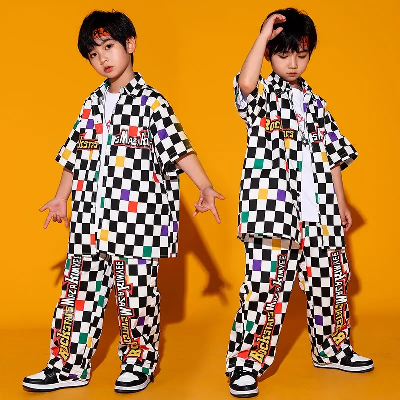 เด็ก Hip Hop แสดงเสื้อผ้า Checkered เสื้อแขนสั้น Street สวมกางเกงสําหรับหญิงแจ๊สเต้นรําเครื่องแต่งกายชุดเสื้อผ้า