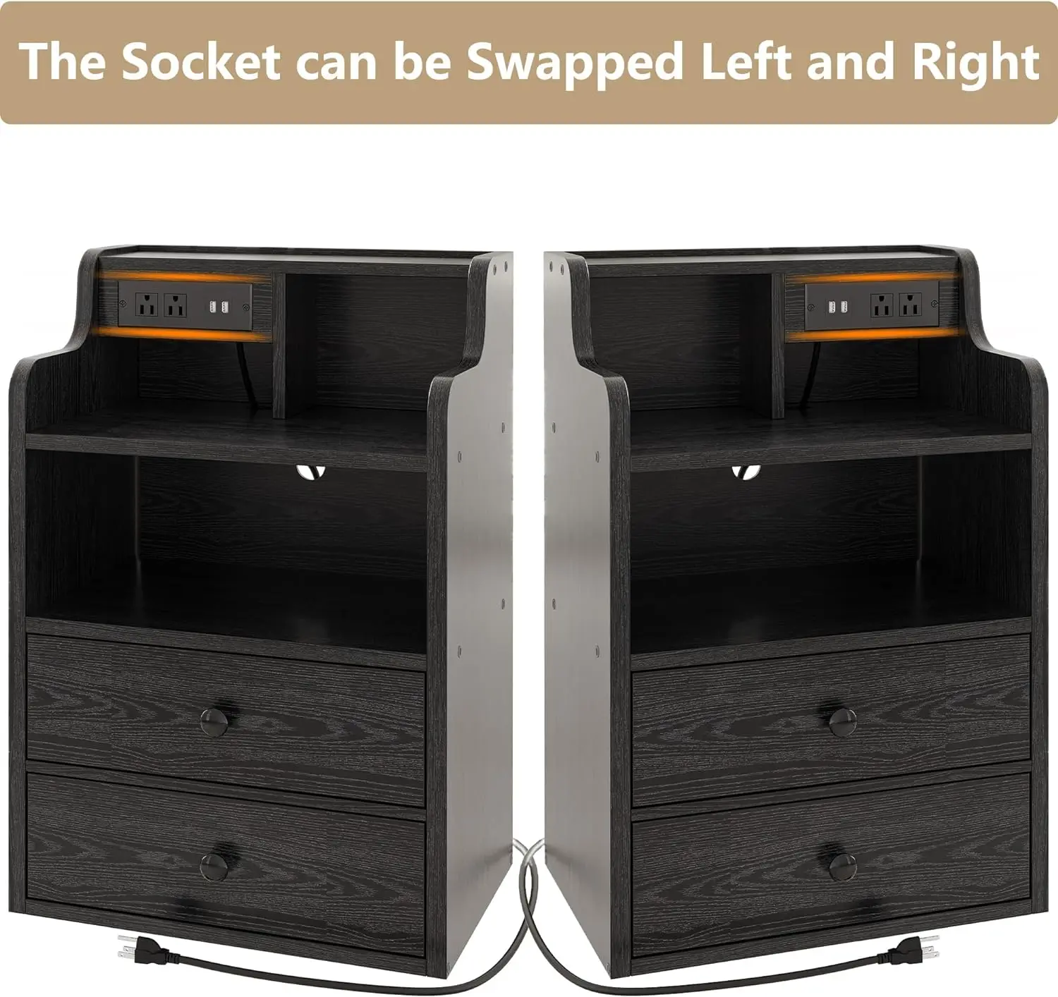 Black Nightstand with LED Charging Station 2 Drawers and Storage Shelves, Left and Right Interchangeable Sockets Bed Side