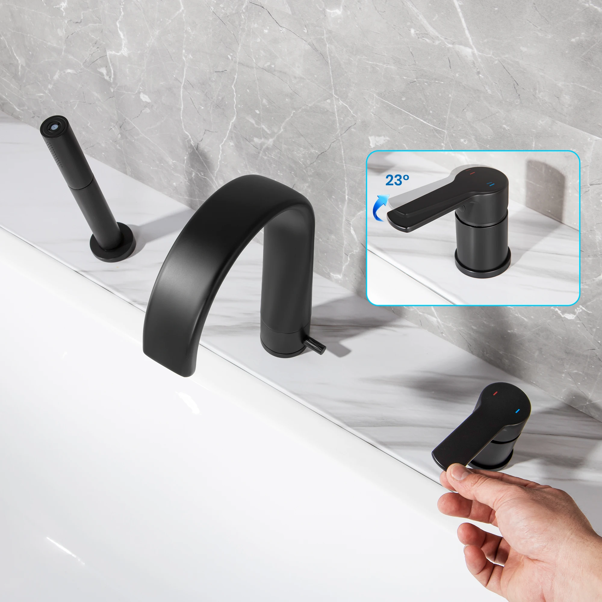 SKOWLL Simple Bathtub Split Faucet Three-Piece Set Waterfall Spout Hot and Cold Water Mixing Pull-Out Dual-Function Handheld