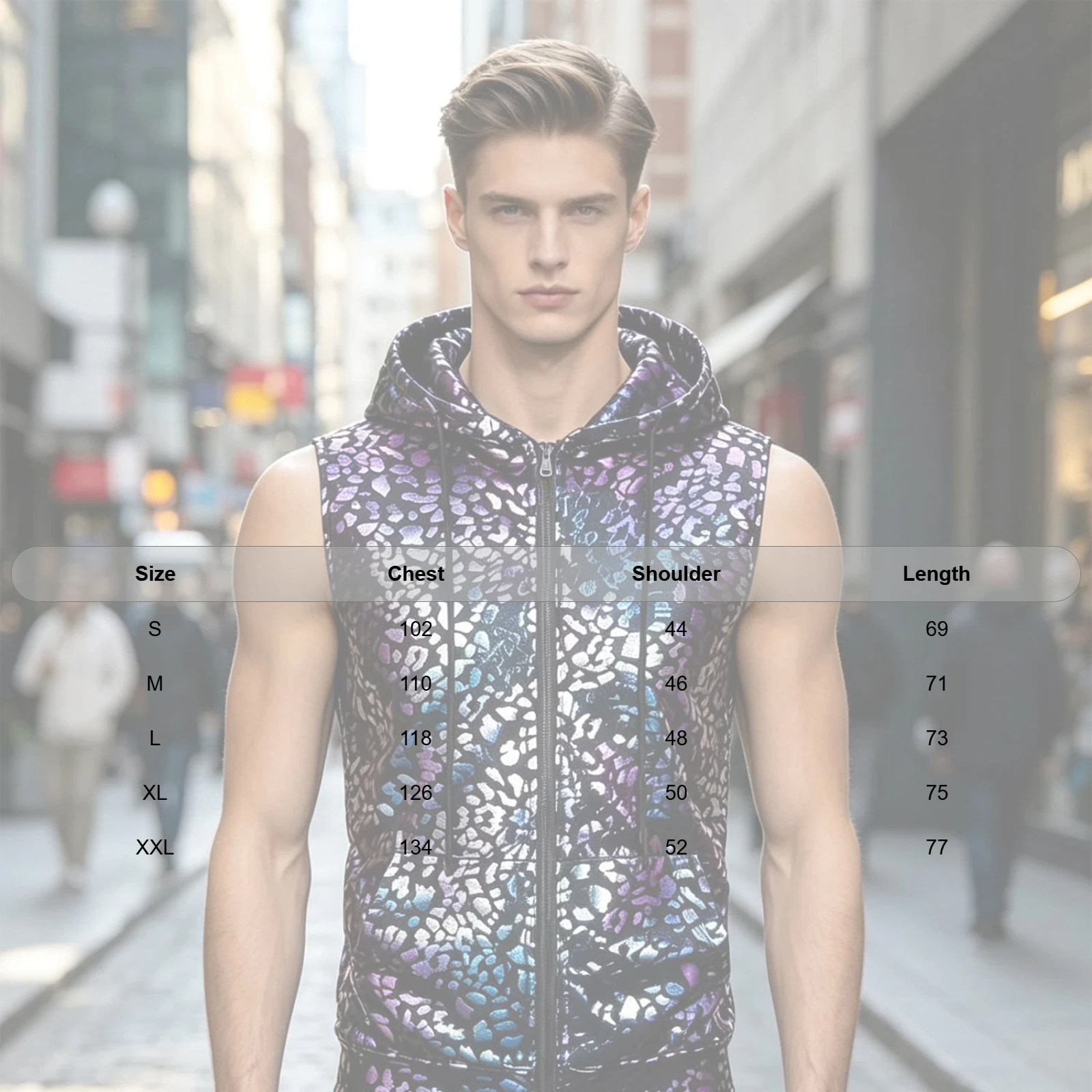 Metallic Leopard Couple Hoodie Vest for Men Women Sleeveless Zip Hooded Top for Daily Casual Rave Club Disco Concert Festival