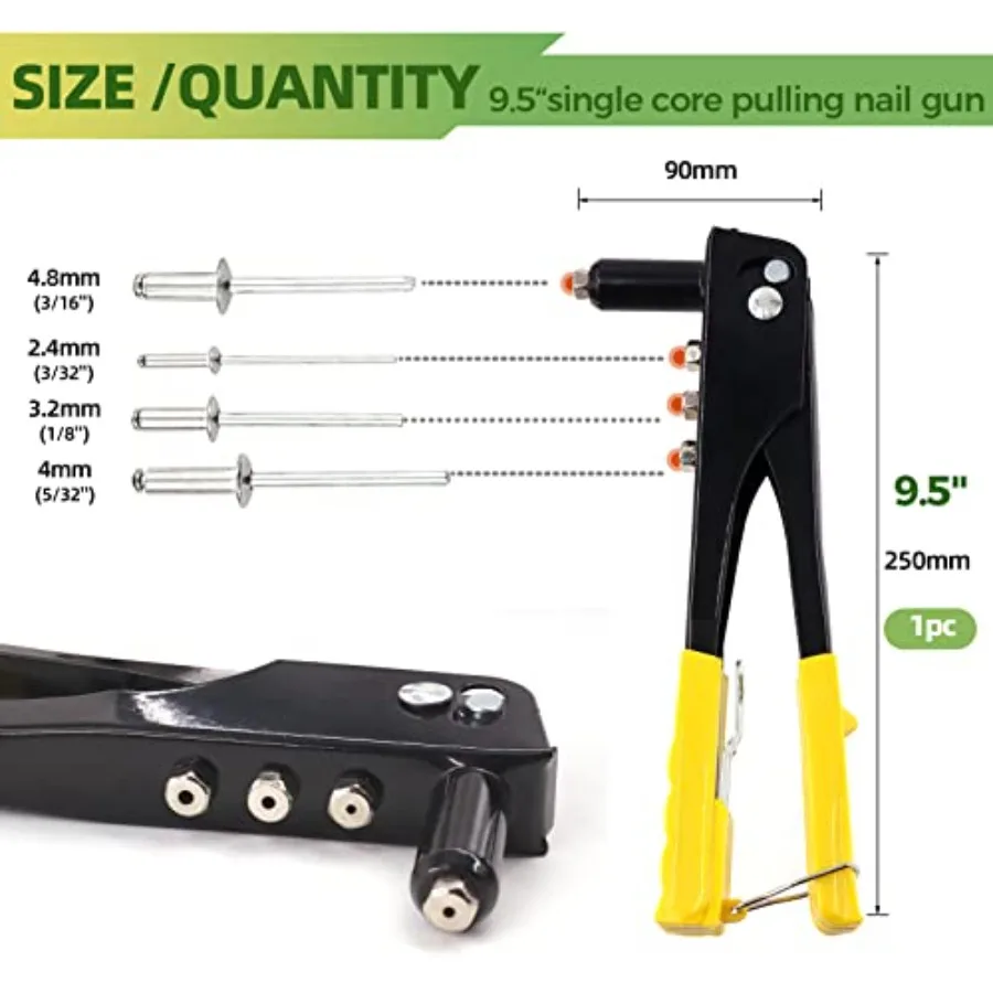 Rivettatrice manuale per carichi pesanti da 226 pezzi con kit di assortimento di rivetti ciechi in alluminio di 6 dimensioni M2.4 M3.2 M4 M4.8 Rivetti pop tono argento e