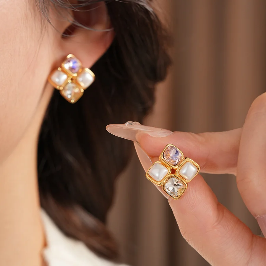 

18k Real Gold Electroplated Silver Needle Diamond Pearl Earrings All-match Simple Fashion Earrings Light Luxury High-end Earring