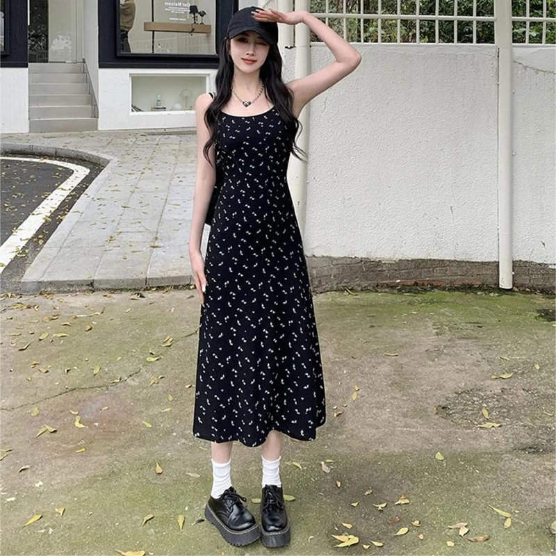 Vestido feminino com estampa floral Midi, preto, casual, férias de verão