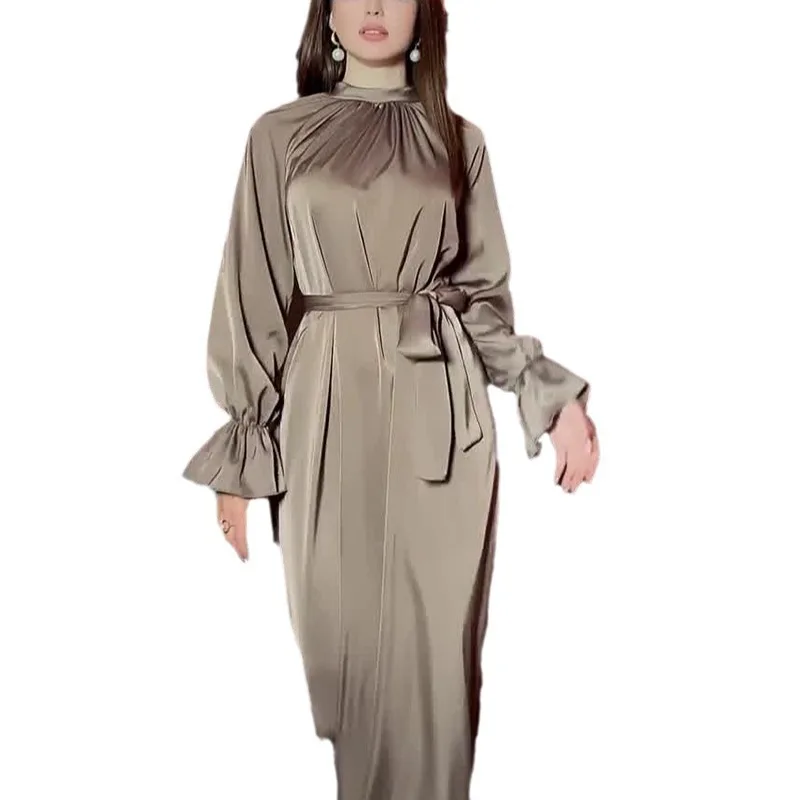 

JY Autumn new solid color satin long sleeved long skirt with simple and loose waistband, elegant round neck dress for women