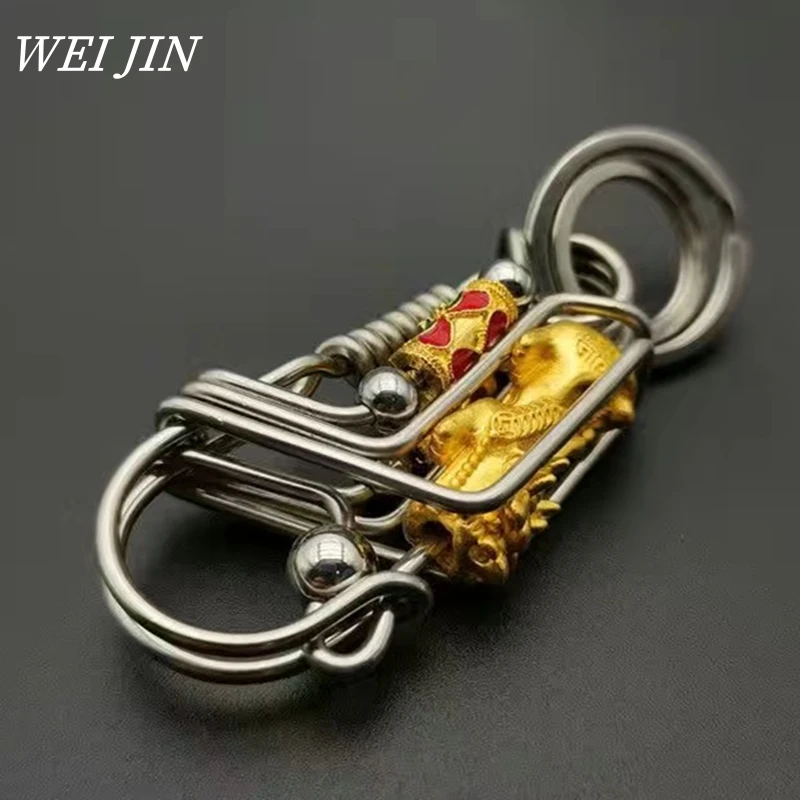 

Stainless Steel Keychains 3 Wire ,Waist Color Bead Car Keyring, Engraved Divine Beast Mechanical Style Hook Buckle Men Trinket