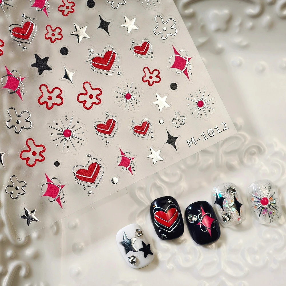 

Silver Red Pink Black Love Heart Flowers Stars 3D Jelly Self Adhesive Nail Art Sticker Gold Stamped Laser Crystal Manicure Decal