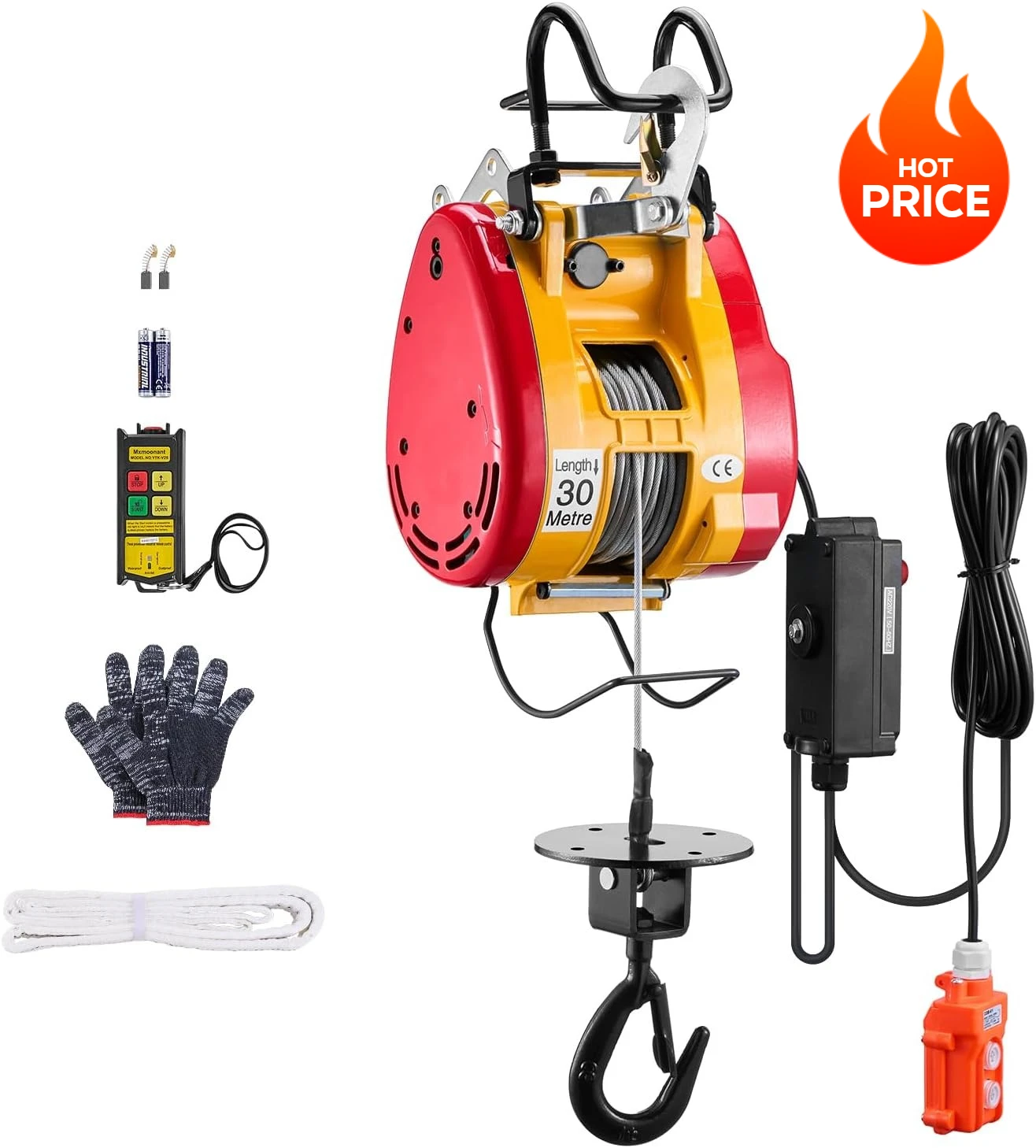 

Портативная силовая лебедка 1800 Вт, высота подъема 98 футов, 36 футов/мин, с проводом и беспроводным пультом дистанционного управления, электрическая лебедка 2-в-1