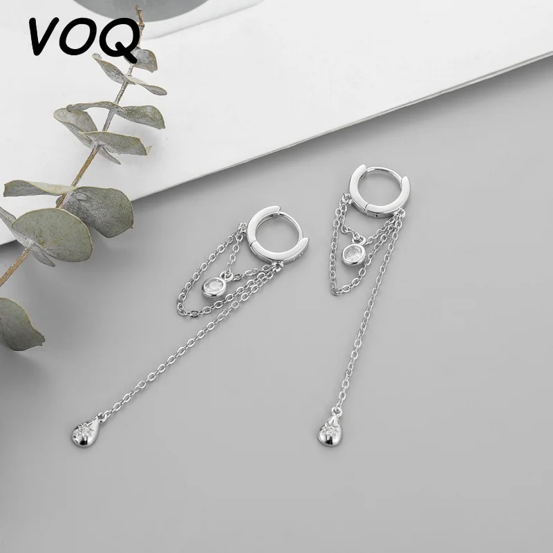 VOQ Silver Color Long Tassel Water Drop Shape Earrings for Women Handmade Jewelry