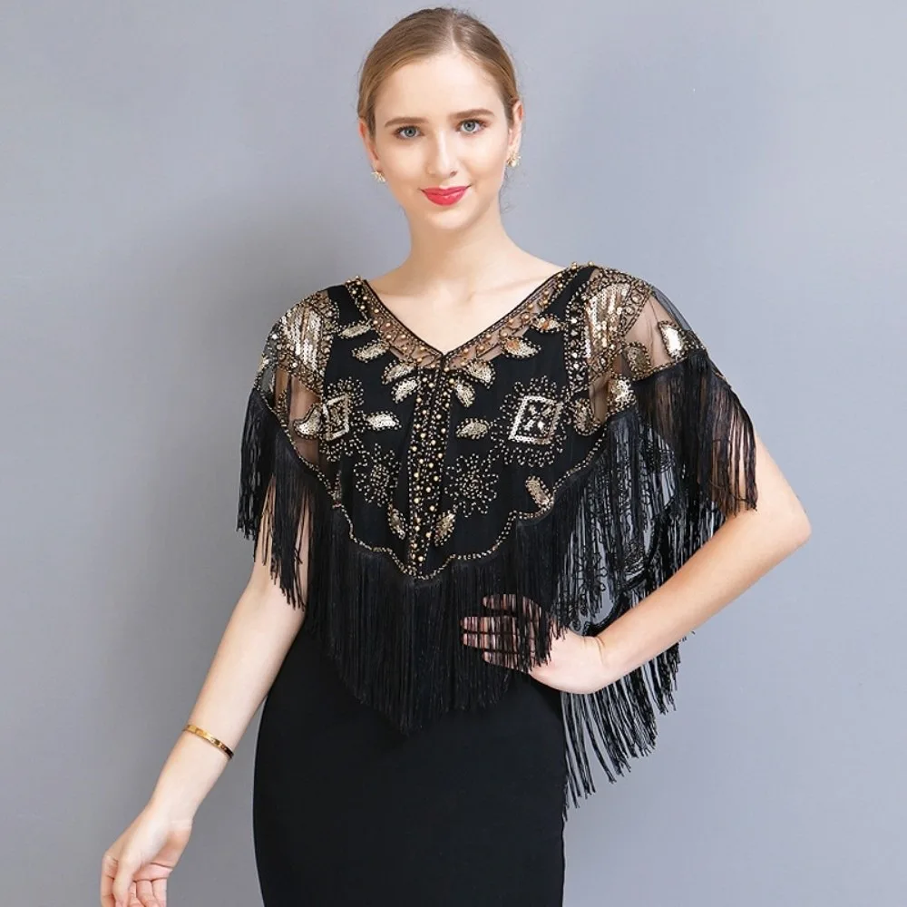 New Mesh Wrap Sequined Shawl Sheer See Through With Tassel Flapper Shawl Tulle Shawl Cloak Evening Prom Cape Women