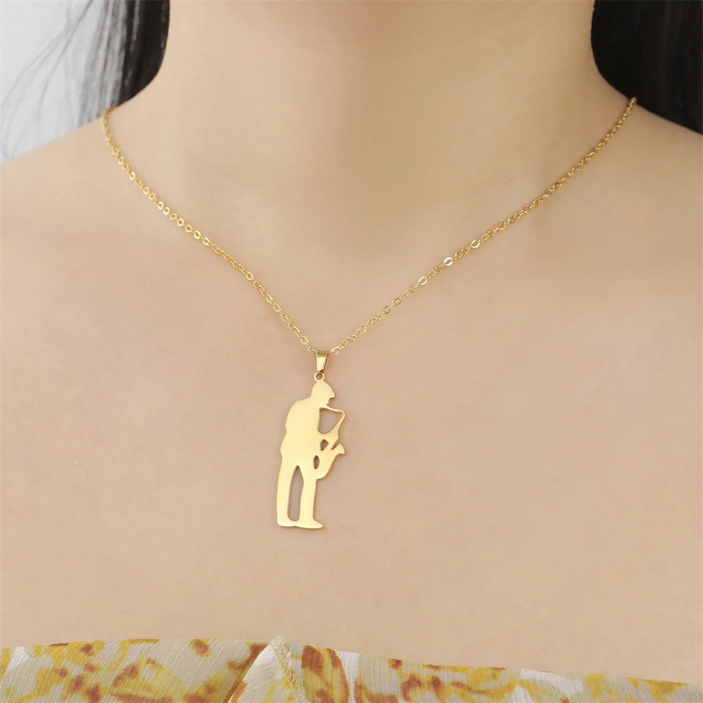 My Shape Sax Musical Instrument Pendant Necklaces for Women Men Trumpet Flute Cello Charms Neck Chain Stainless Steel Jewelry