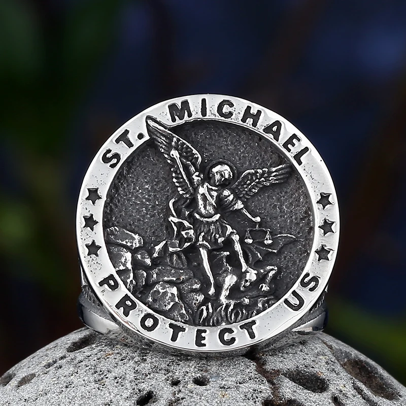 Dropshipping NEW 316L Stainless Steel St Michael Ring Cross Renaissance Vintage Jewelry For Men Prodect Gift