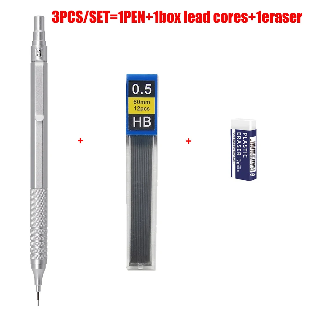 3 stks/set Metalen Vulpotlood Set 0.5/0.7/0.9mm Lood Refill Automatische Potlood Art Schets Schilderen Schrijven briefpapier