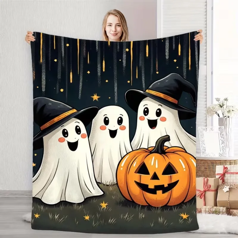 Three Cute Cartoon Ghost Witch Hat Pumpkin Star Print Soft Flannel Throw Blanket Warm Blanket For Sofa Bed Halloween Home Decor