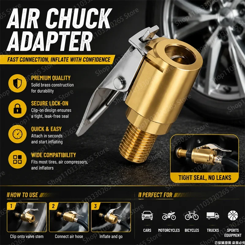 

Solid Tire Air Chuck Quick Connect Adapter, Secure Clip Design Leakproof Inflation Nozzle for Vehicle Bicycle Sports Equipment