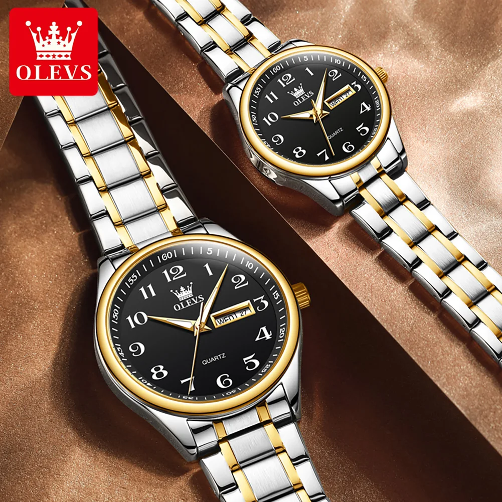 OLEVS 5567 Reloj de pareja Simple Clásico Esfera digital grande Calendario dual Reloj de pulsera de cuarzo de negocios resistente al agua para hombres y mujeres