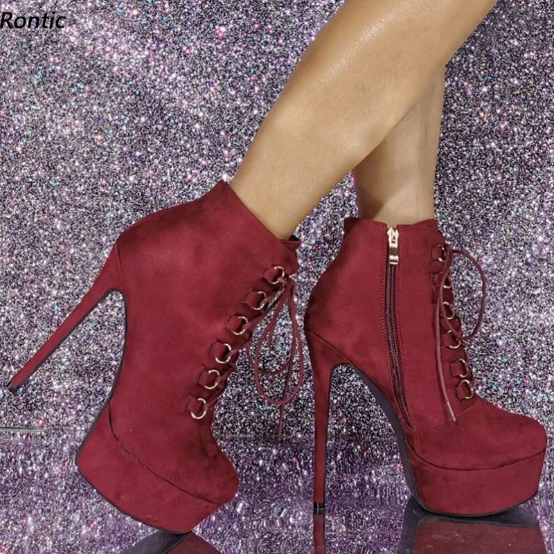 Rontic Women Winter Platform Ankle Boots Faux Suede Lace UP Stiletto Heels Round Toe Beautiful Wine Red Party Shoes US Size 5-20