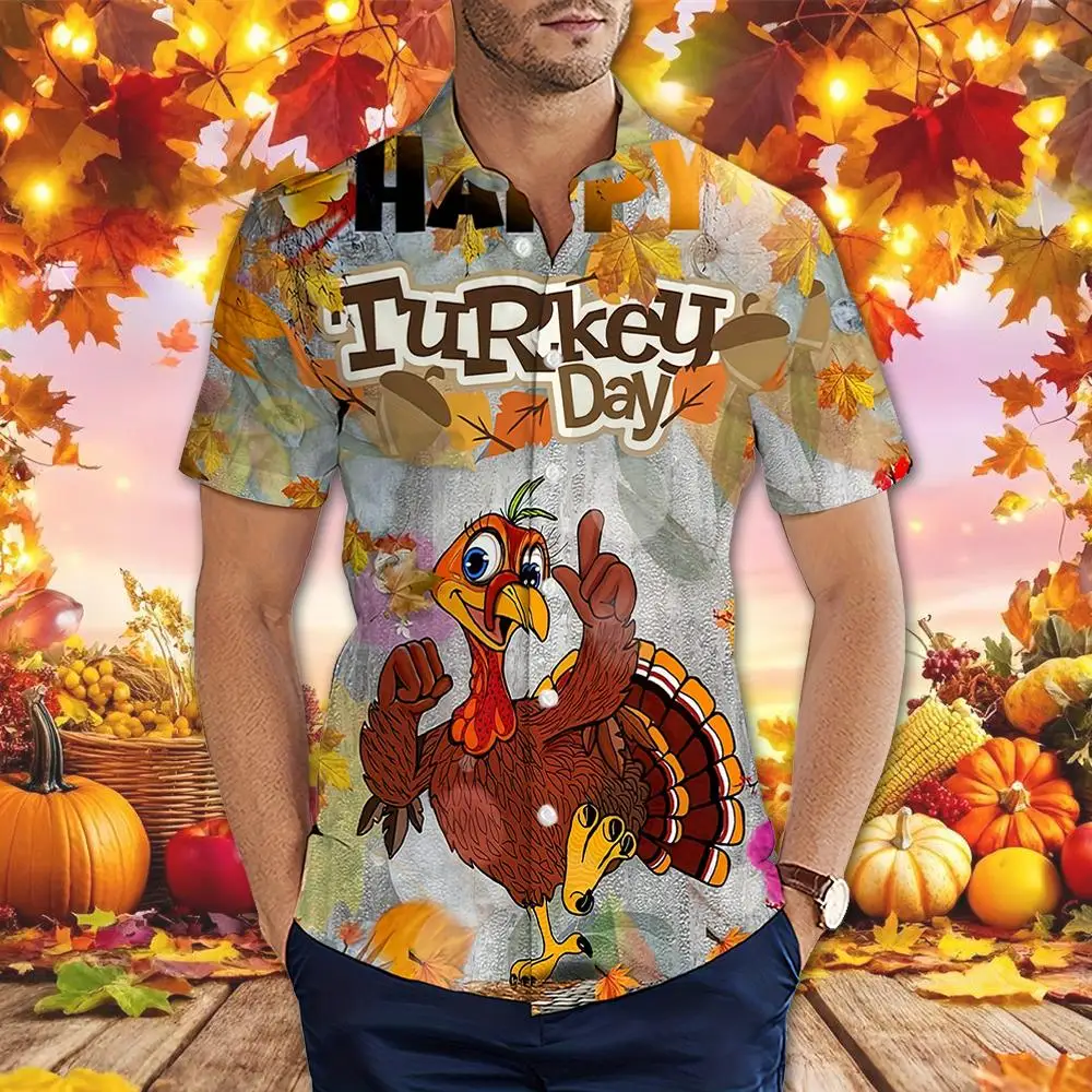 

Funny Turkey 3D Print Thanksgiving Shirt Street Fashion Popular Lapel Buttons Tops Unisex Casual Holiday Short Sleeve Blouse