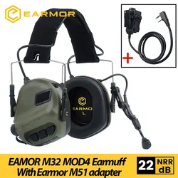 EARMOR M32 MOD4 Tactical Headset Anti Noise Headphones Communication Shooting Earmuff with EARMOR M51 PTT Adapter for Kenwood