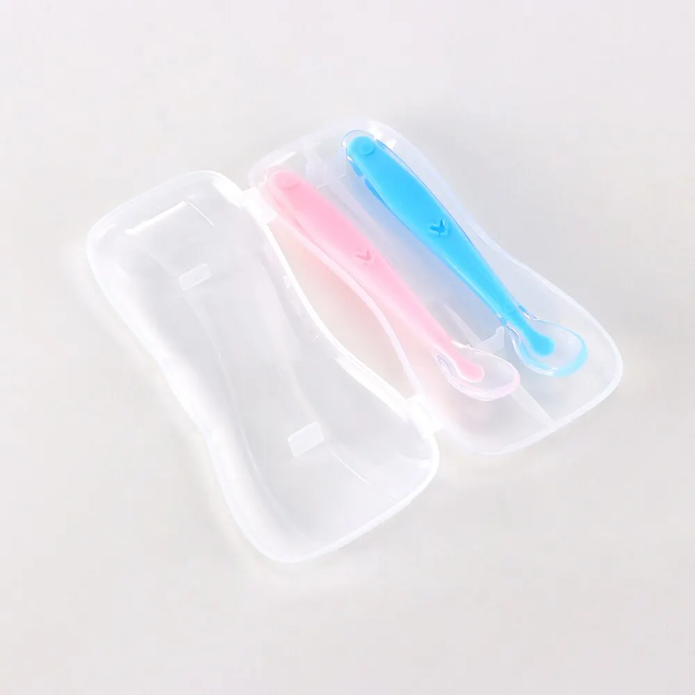 2Pcs Baby Silicone Spoon Set Kids Soft PP Plastic Pink Blue Safe Spoon With Box