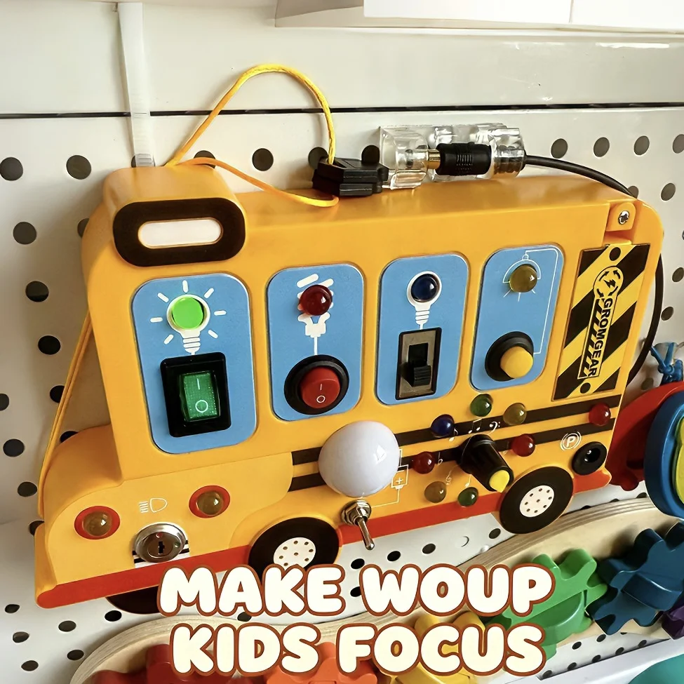 

This interactive, school-bus-themed busy board learning toy features LED lights, switches, and realistic engine sound effects.