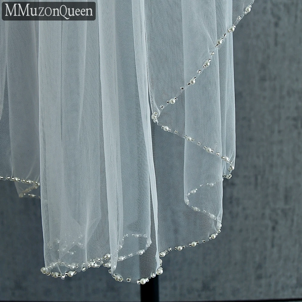 MZA21 Veil Wedding With Crystal And Pearl White Soft Hair Comb 1 Tier Bridal Short Veil Handmade Beaded Fingertip Length Veil