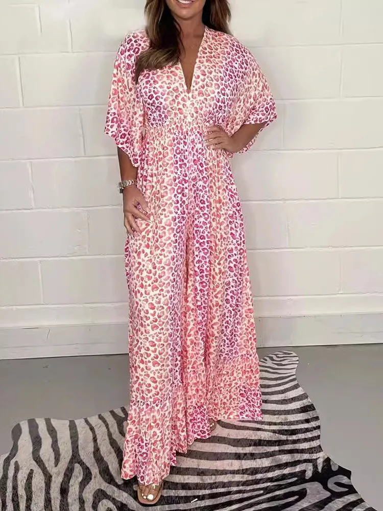 

Comfortable V-Ne Color Blo Loose ort Sve Dr Women's Jumpsuit And Long Skirt High Waist Wide Leg Pants Polyester F...